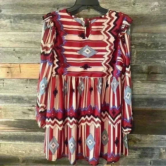 UMGEE Tribal Print Dress Womens M Aztec Red Empire Waist Lined Drapy Roomy - Picture 7 of 10